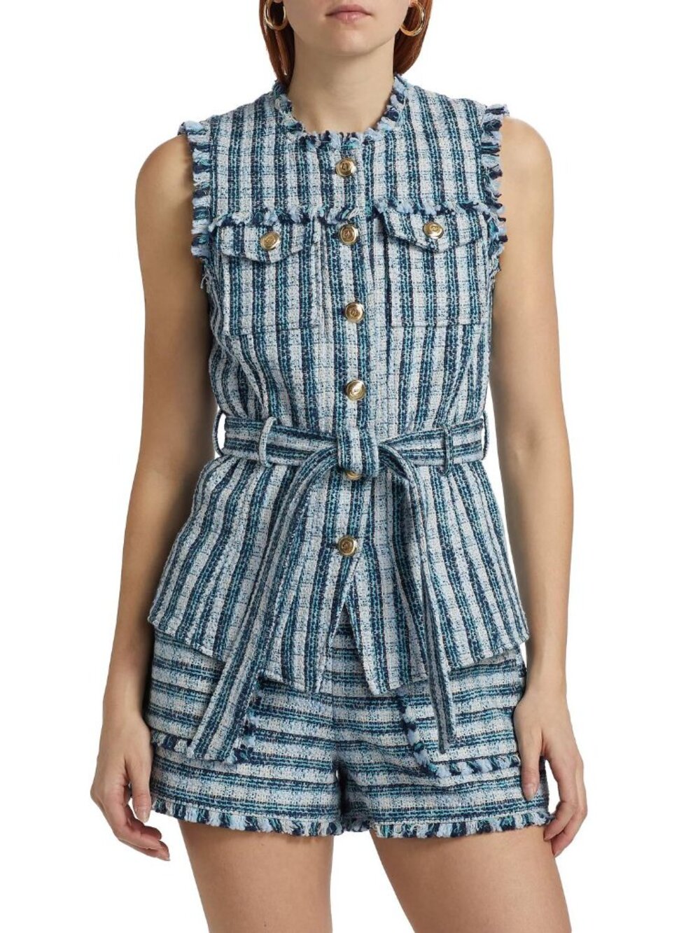 Cinq à Sept Matilda Plaid Tweed Reenee Vest Allen Shorts Matching Set Blue L NWT